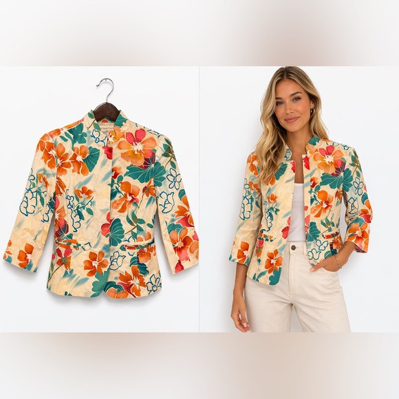 Coldwater Creek Jackets & Blazers - Floral Tropical Blazer Jacket Lightweight 3/4 Sleeve Spring Summer